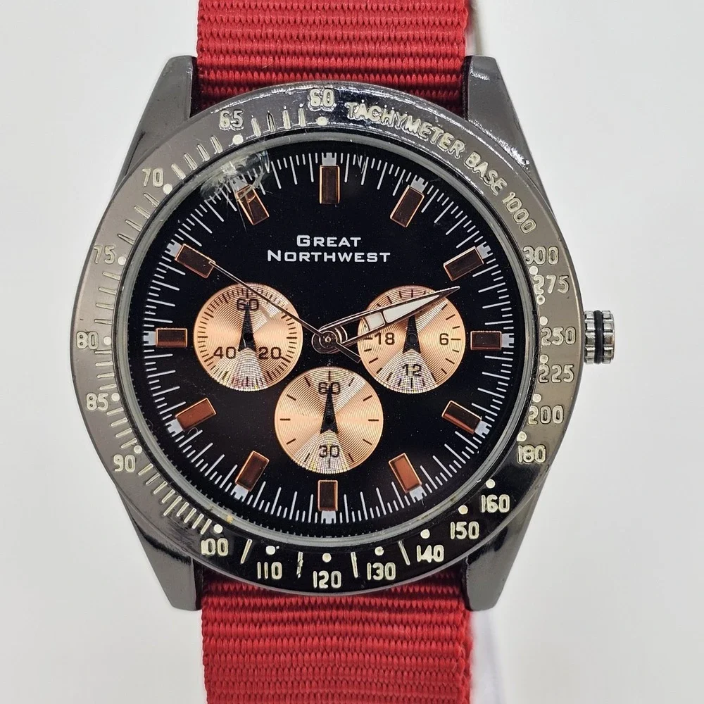 Great Northwest Men's Watch 42MM Black‎ Dial New Red Nylon Band New Battery